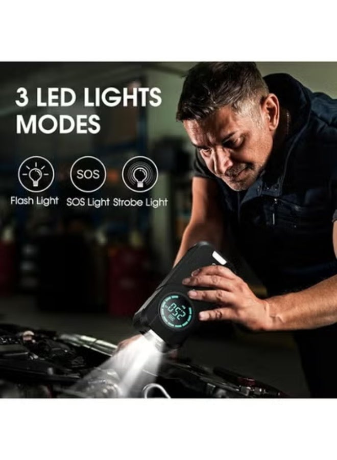 جهاز Jump Starter المحمول 3 في 1 - منقذ الطوارئ المتكامل (مشغل بطارية السيارة + منفاخ إطارات رقمي + باور بانك) | قوة 1000 أمبير وضغط 150 PSI مع شاشة ديجيتال وكابلات ذكية - Image 2